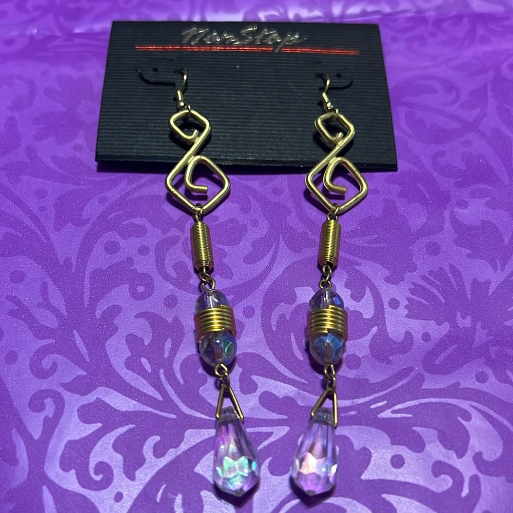 Vintage Non Stop Boho 4.5” Long Pair Dangling Gold Tone Wire & Crystal Earrings
